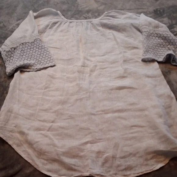 Soft Surroundings 100% Linen Top Blouse Shirt Womens Size XL Ivory Eyelet Sleeve - Picture 4 of 14